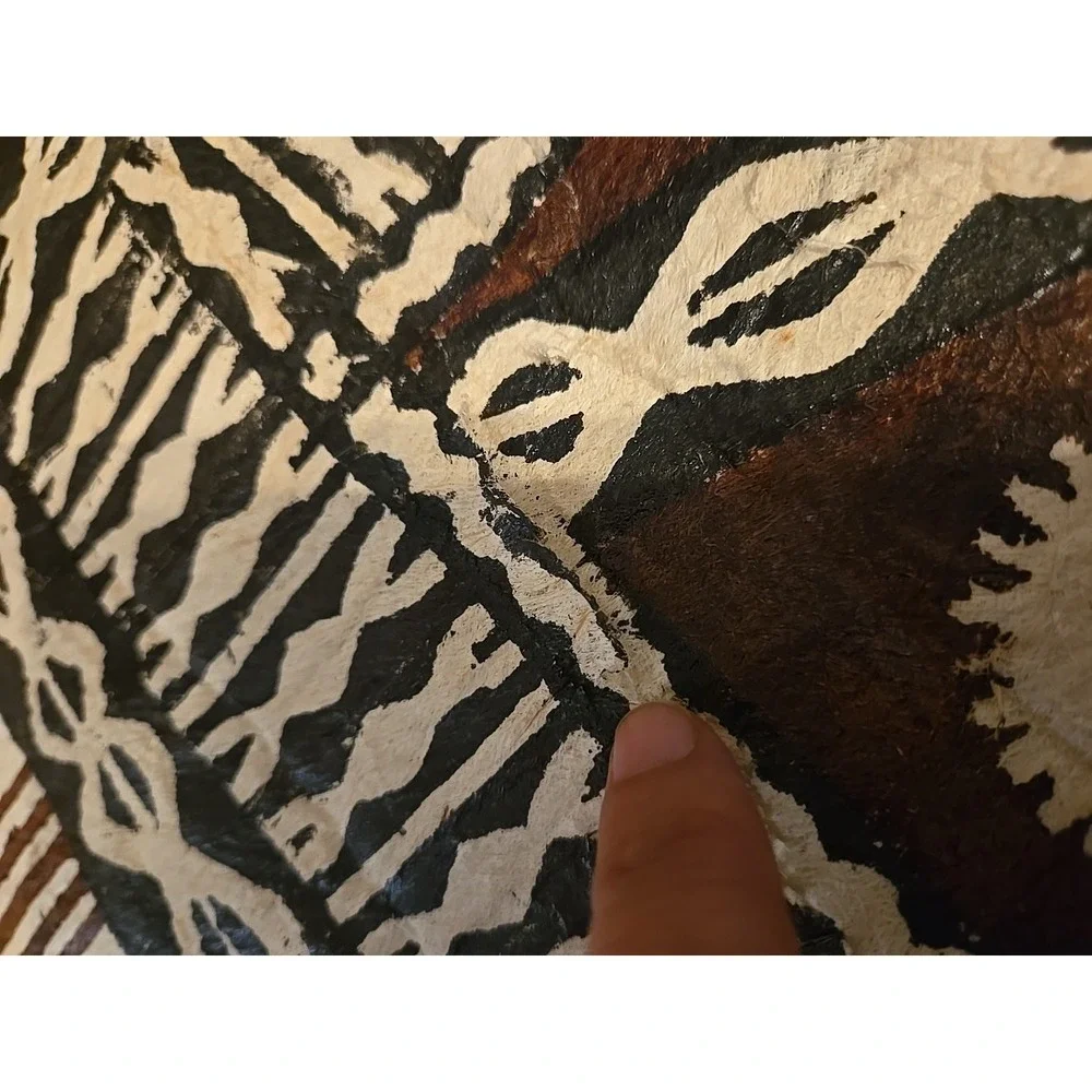 Vtg Handmade FIJI Intricate Tonga Bark Tapa Cloth Design On‎ Burlap Backing